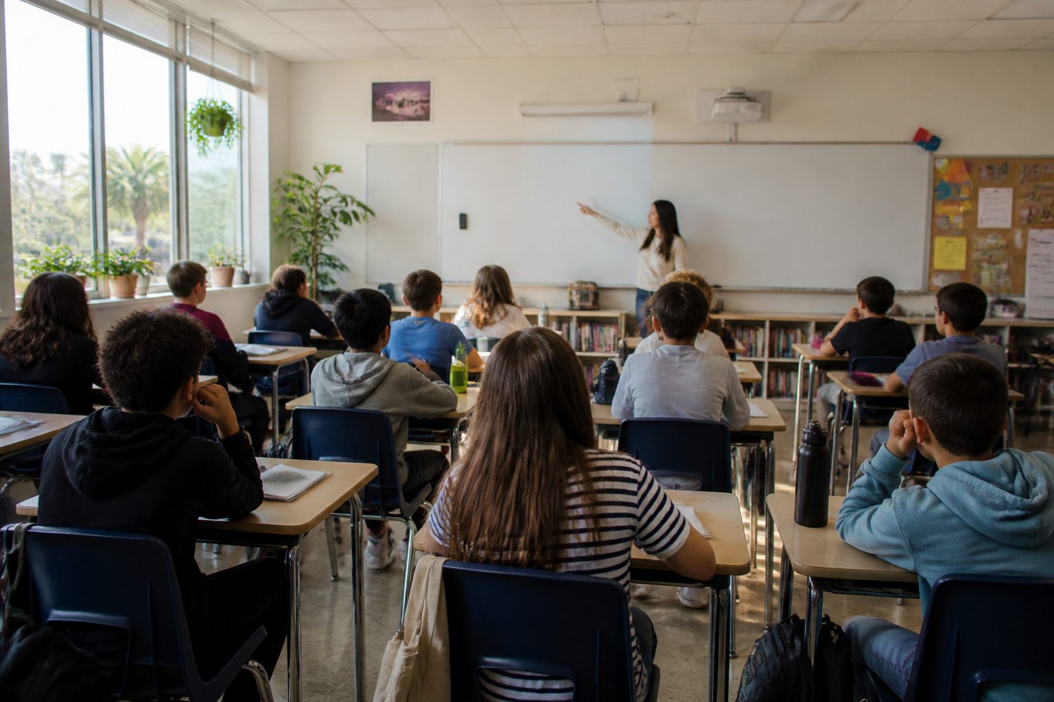 Students listening to their teacher in a bright classroom