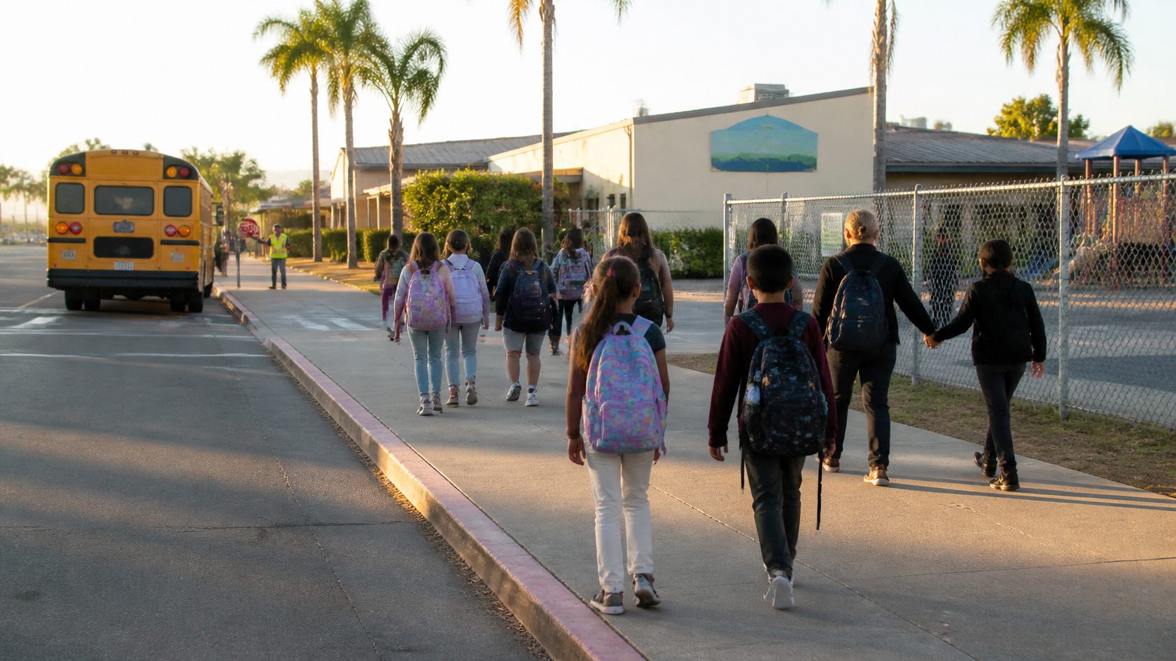 Children with backpacks walking into a California school at morning drop-off, a yellow school bus at the curb