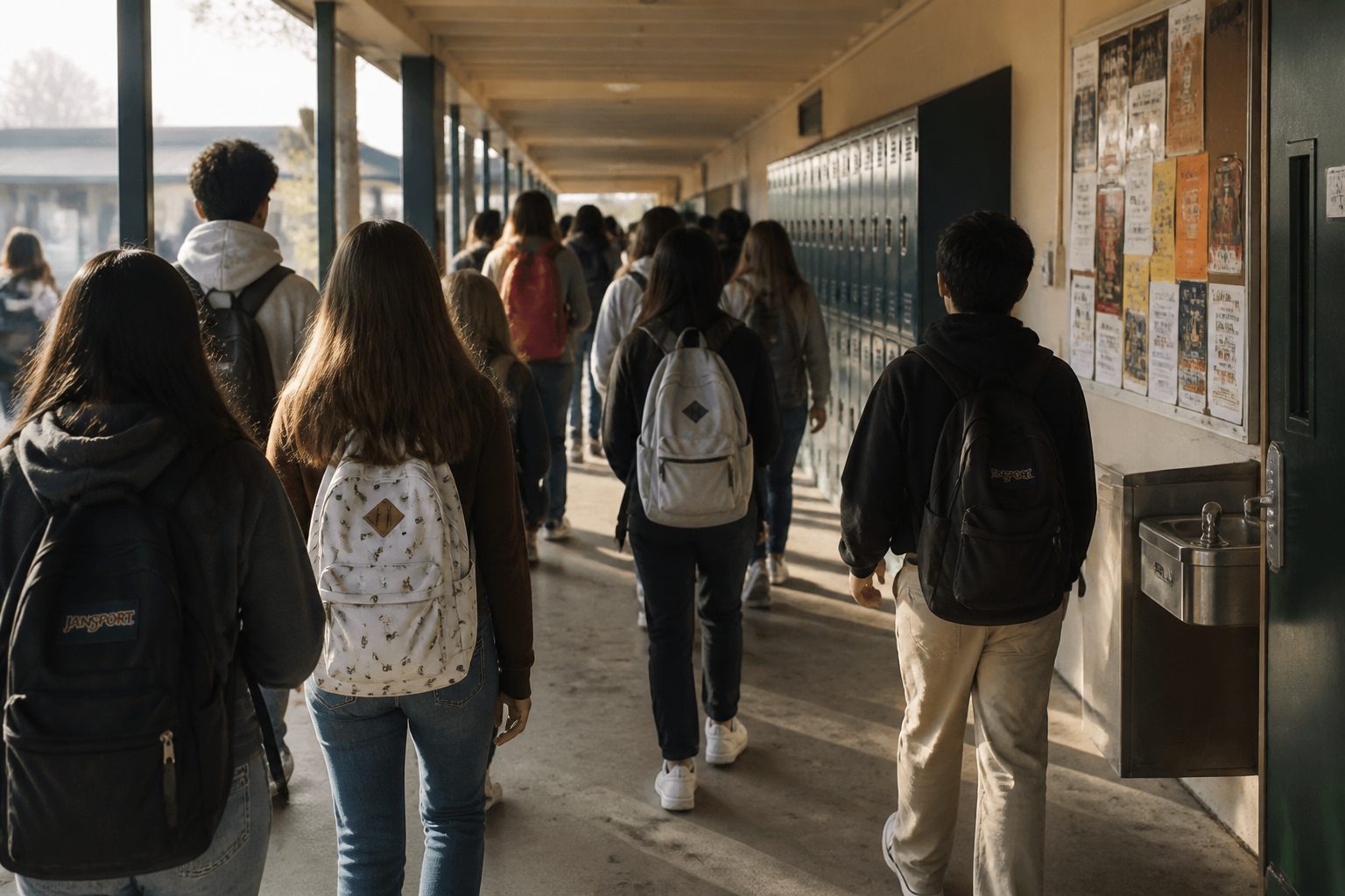 High school students walking past lockers on a covered school walkway