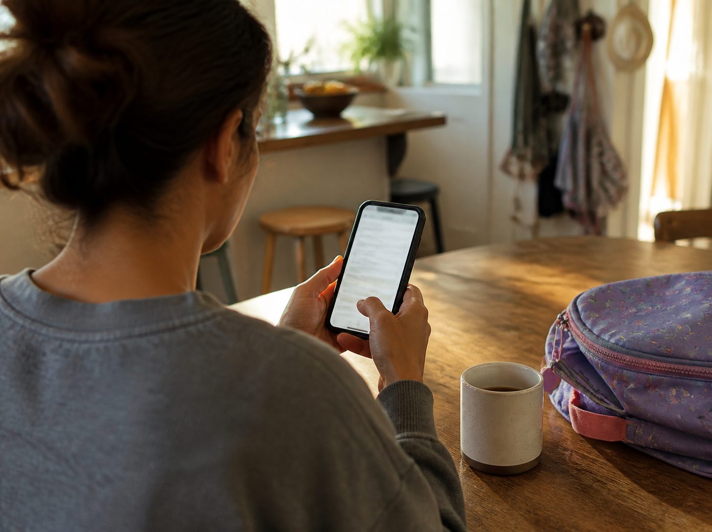A parent enrolling their student on a phone at the kitchen table